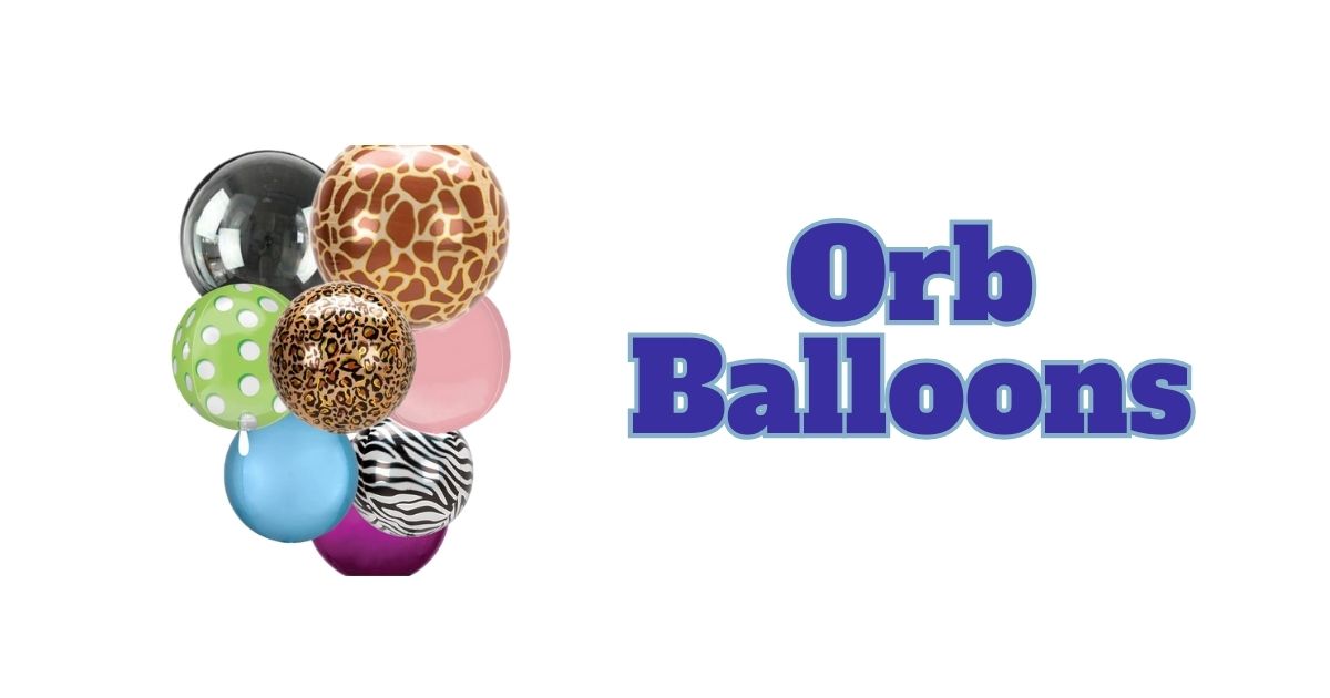 a collection of solid and printed orb balloons