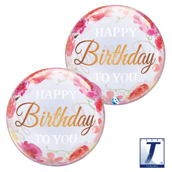 Balloons2Go Balloons 22" Happy Birthday Pink Peonies Bubble 22in Happy Birthday Pink Peonies Bubble Balloon | Floral Birthday Theme