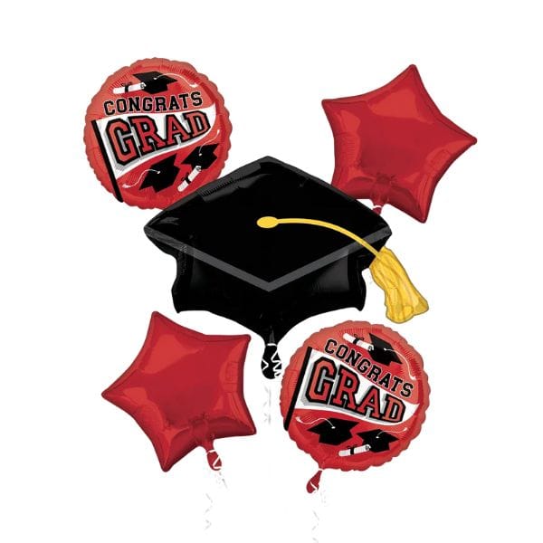 Graduation-themed balloons with 'Congrats Grad' and a black cap on a white background