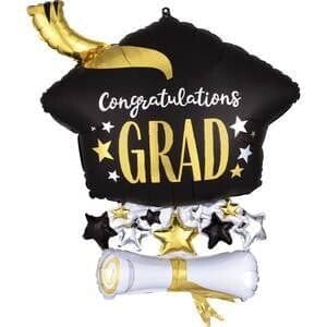 Balloons2Go Balloons 25in Satin Inf'd CAP & DIPLOMA (PKG) SuperShape Foil Balloon 25in Graduation Cap & Diploma Balloon | Satin Supershape