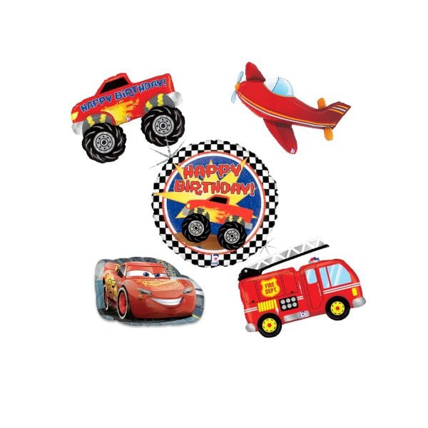 Collection of colorful balloons shaped like a car, airplane, and truck with 'Happy Birthday!' text on a white background.
