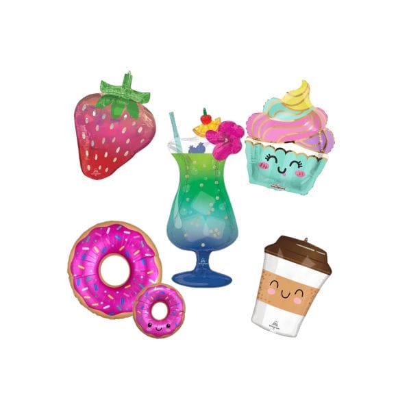 Set of colorful inflatable shapes including a strawberry, drink, cupcake, donut, and coffee cup on a white background.