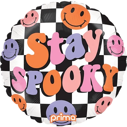 Balloons2Go Balloons Prima 18" Round Stay Spooky Checker Prima 18in Round Stay Spooky Checker Balloon | Halloween Foil Decor