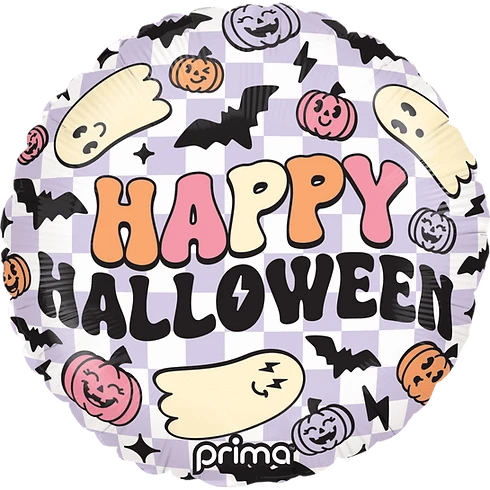 Balloons2Go Balloons Prima 18" Round Happy Halloween Purple Checker Mylar Balloon 29in Rainbow Trout Holographic Balloon | Foil Fish-Shaped Balloon