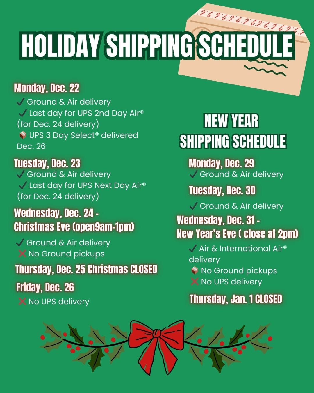 Holiday and New Year shipping schedule on a green background with festive elements.