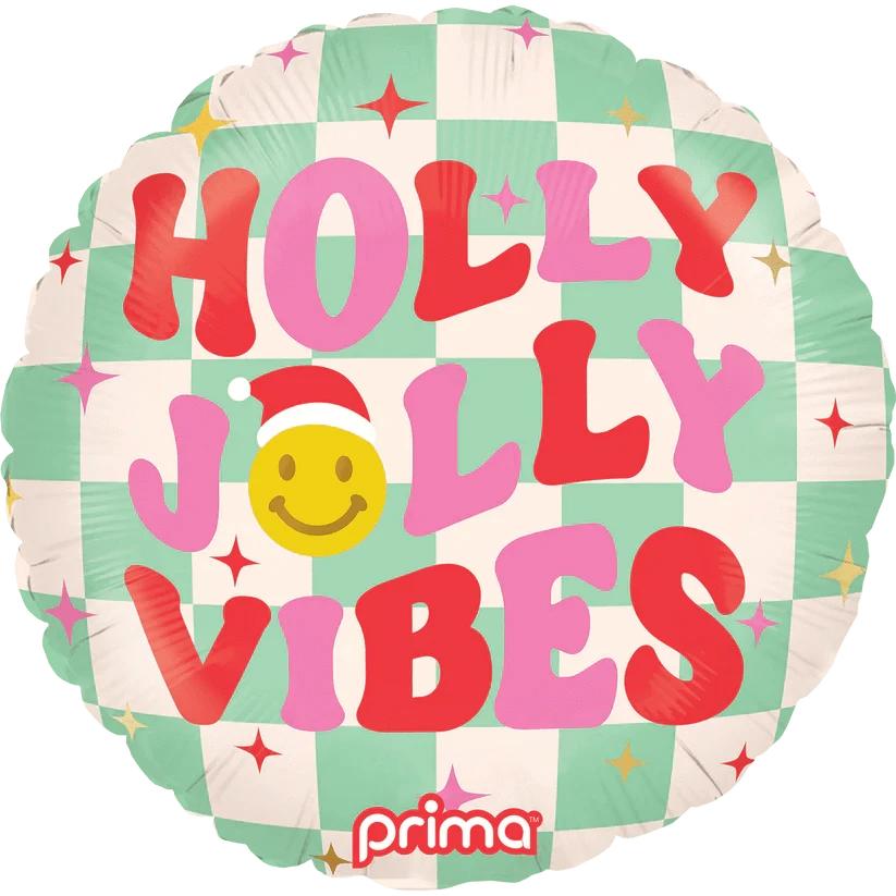Balloons2Go Balloons 18" Round Holly Jolly Vibes Checker 18" Holly Jolly Vibes Balloon – Round Holiday Decor