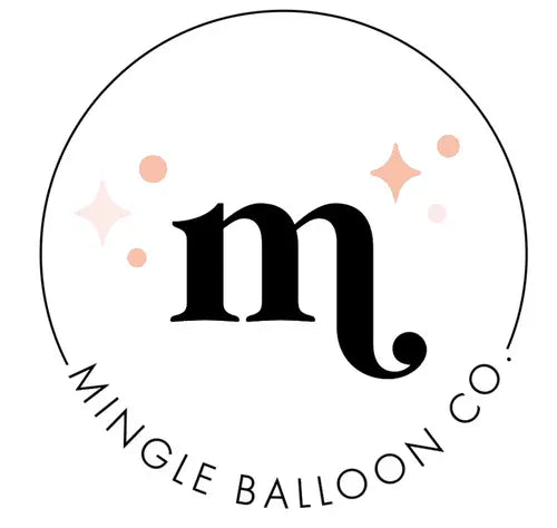 Logo of Mingle Balloon Co with a stylized 'm' and decorative elements on a white background.