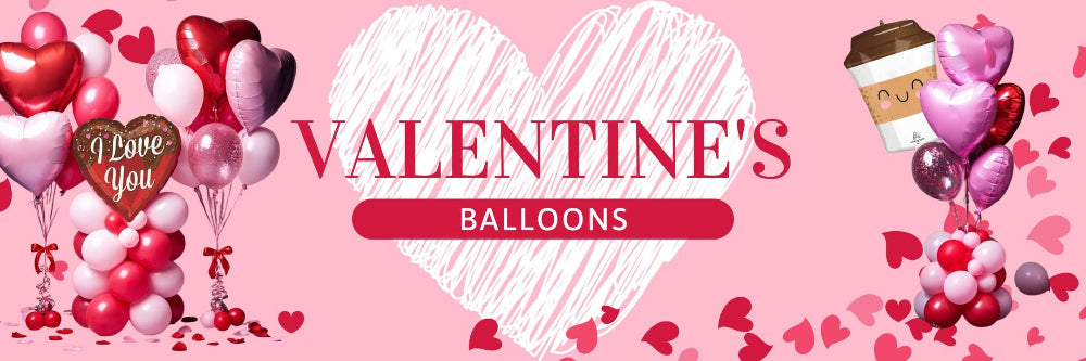 Valentine's Day balloon banner with heart designs and 'I Love You' balloons on a pink background.