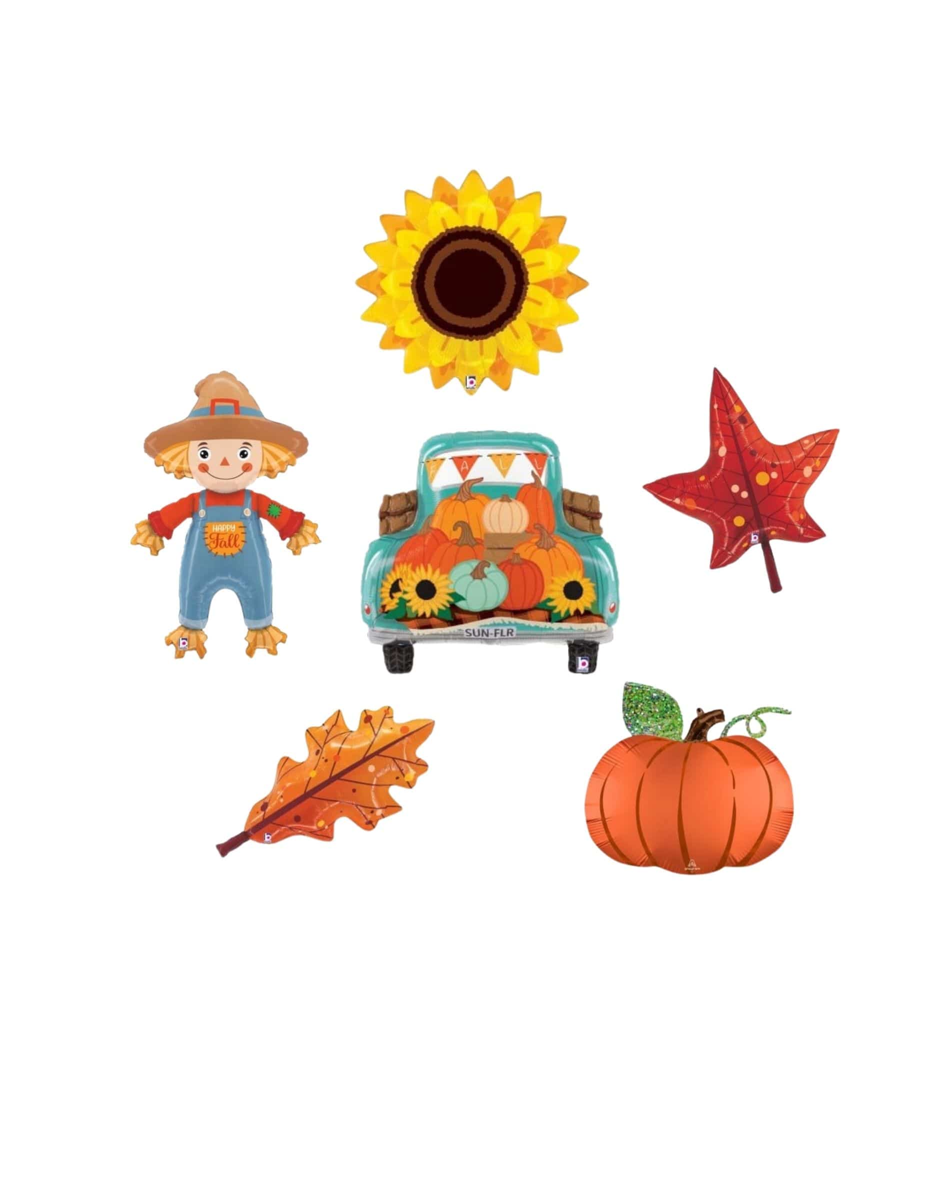 A set of five autumn-themed foil balloon shapes on a plain white background, including a scarecrow, a decorated pickup truck, a sunflower, a red star-shaped leaf, and an orange pumpkin.