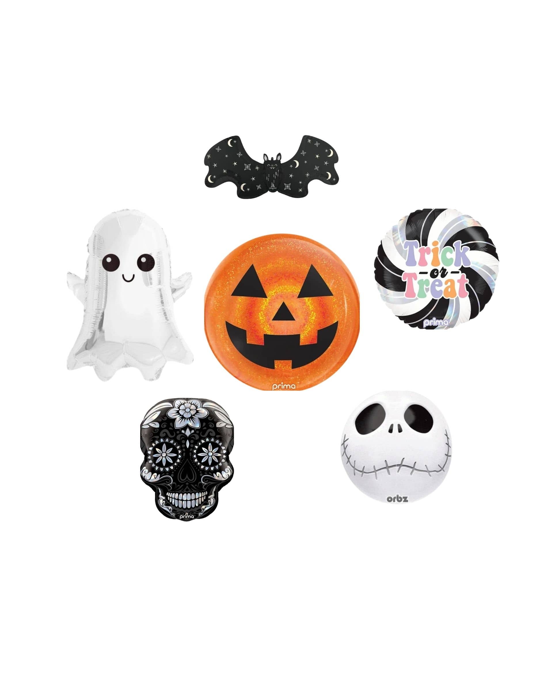 Six Halloween-themed foil balloons arranged on a plain white background, including a ghost, jack-o'-lantern face, bat, skull with floral details, a swirl reading 'Trick or Treat,' and a white skull character balloon.