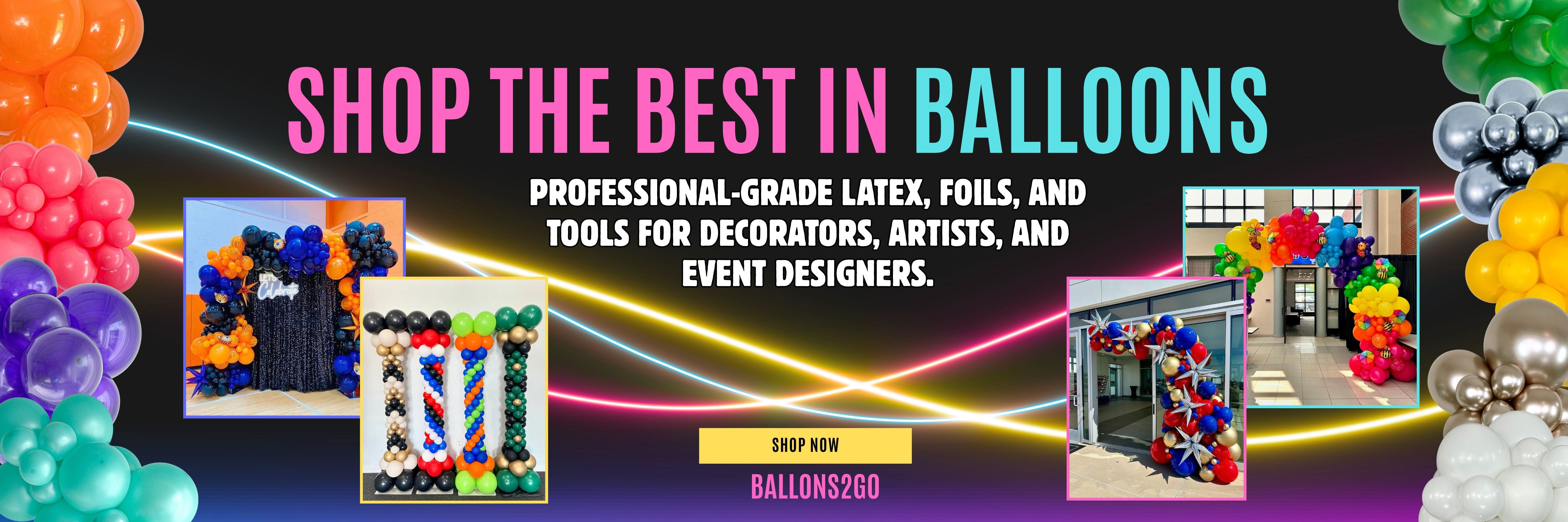 Promotional banner for balloons with images of decorated spaces and a call to action button.