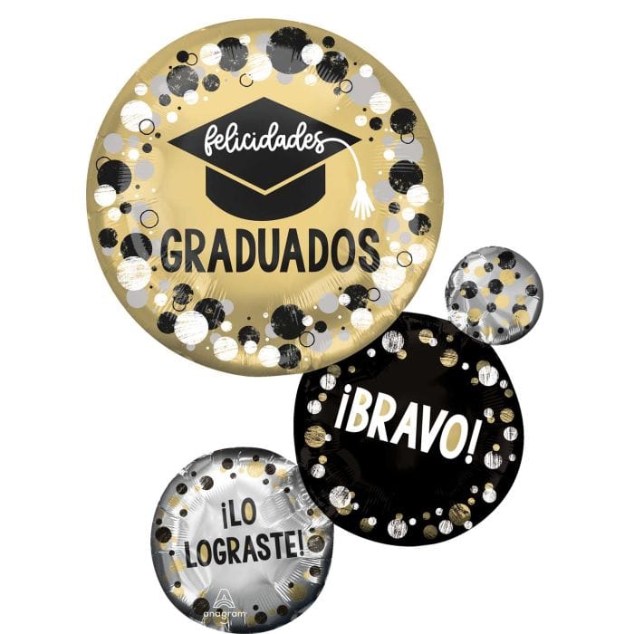 Balloons2Go Balloons 28" Felicidades Grad Circles & Dots Spanish graduation Foil Balloon 28" Felicidades Graduation Balloon – Circles & Dots