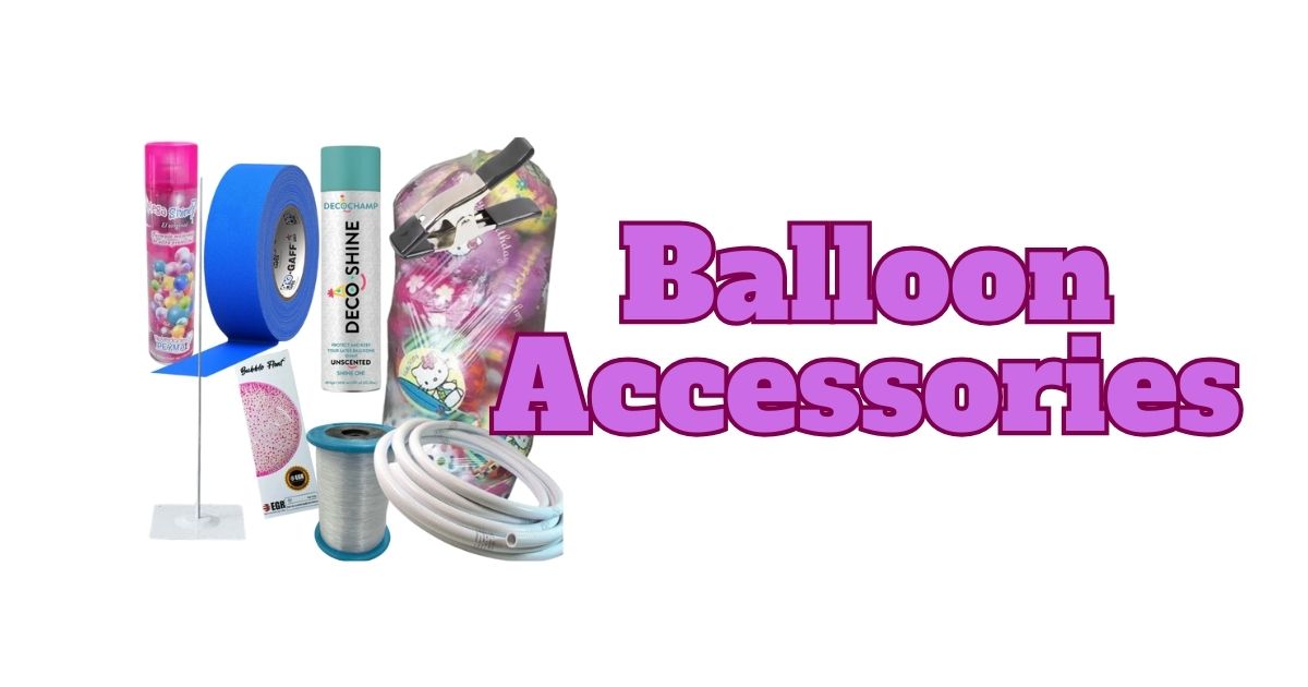  display of balloon shine, balloon stand, fishing line, transport bags and more balloon accessories