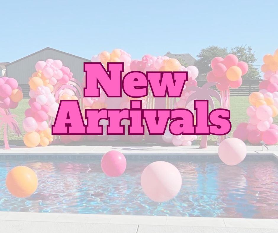 a picture of a poolside balloon installing with orange and pink balloons with the text "new arrivals"