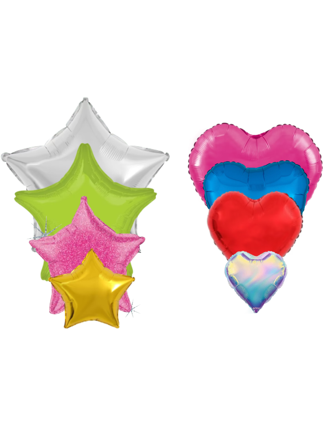 stars and hearts foil shape balloons in various sizes and colors