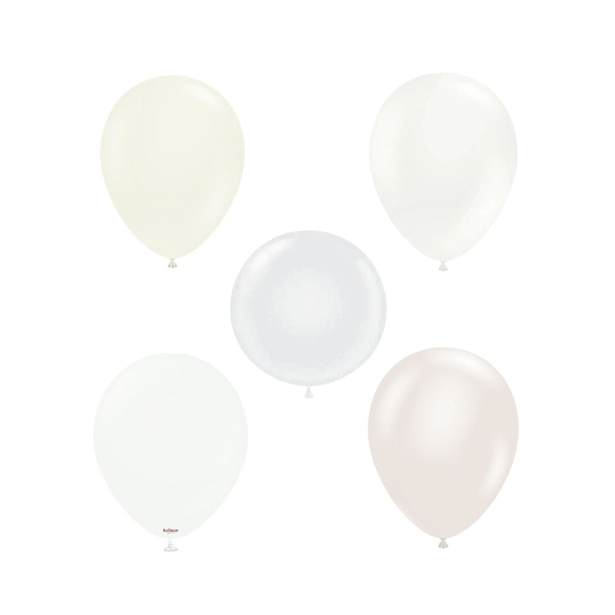 Five balloons in white, beige, and light pink on a white background