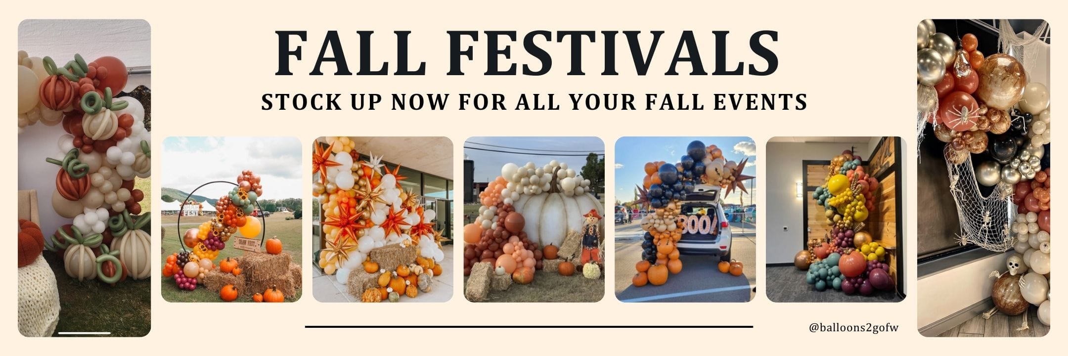 Promotional banner for fall festivals with images of decorated spaces and text encouraging stock up.