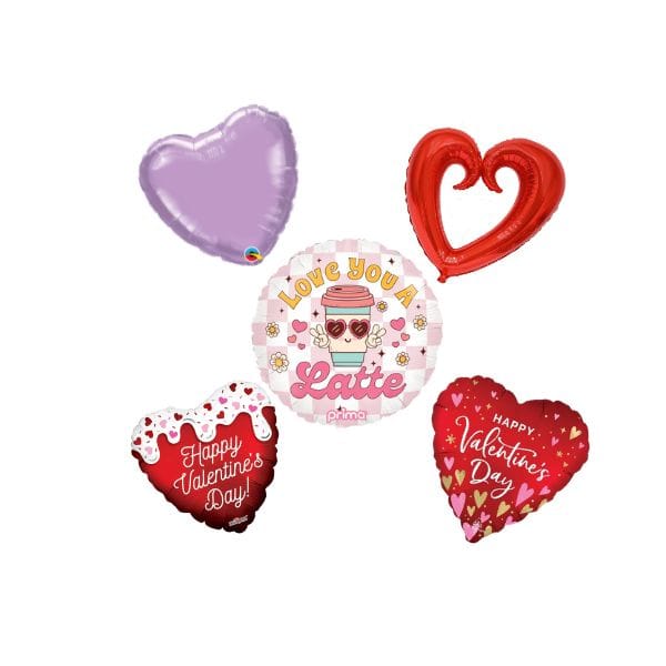 Set of Valentine's Day-themed balloons with heart shapes and text on a white background