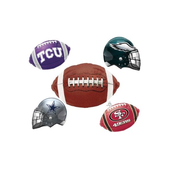 Collection of sports-themed items including footballs and helmets on a white background