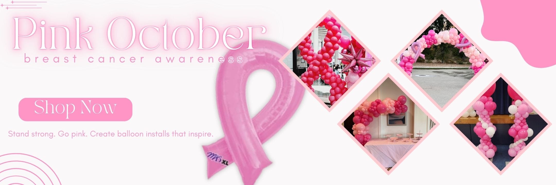Pink October breast cancer awareness banner with pink ribbon and decorative elements.