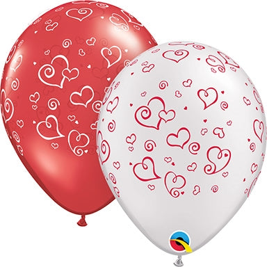 11" Ruby & Pearl White Swirl Hearts Latex Balloons