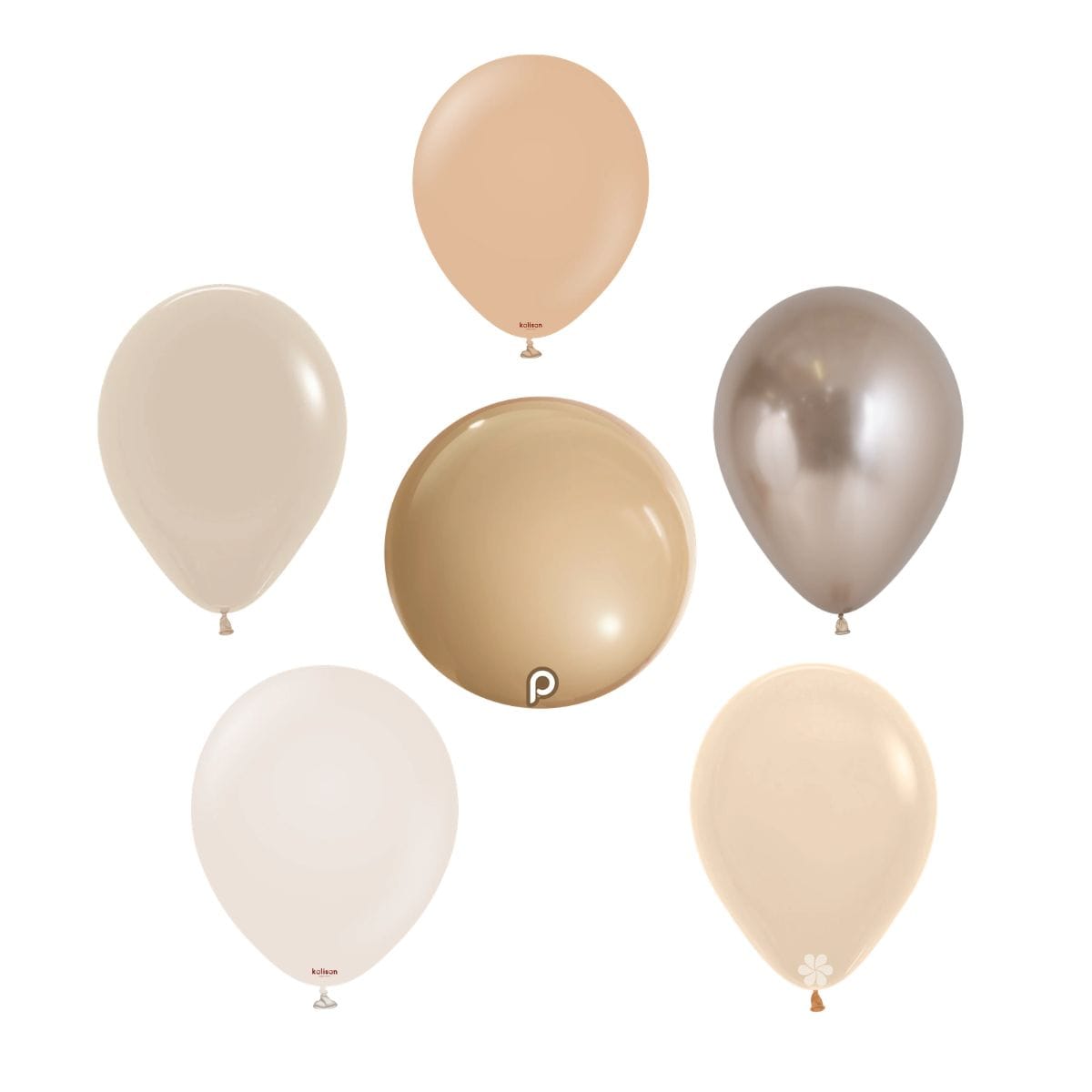 Set of six balloons in beige, gold, and white on a white background