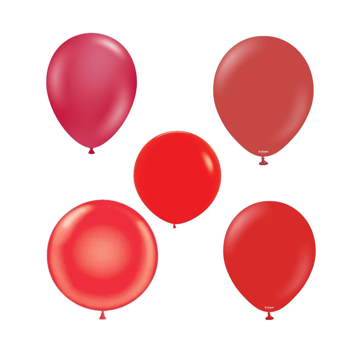 Five red balloons on a white background