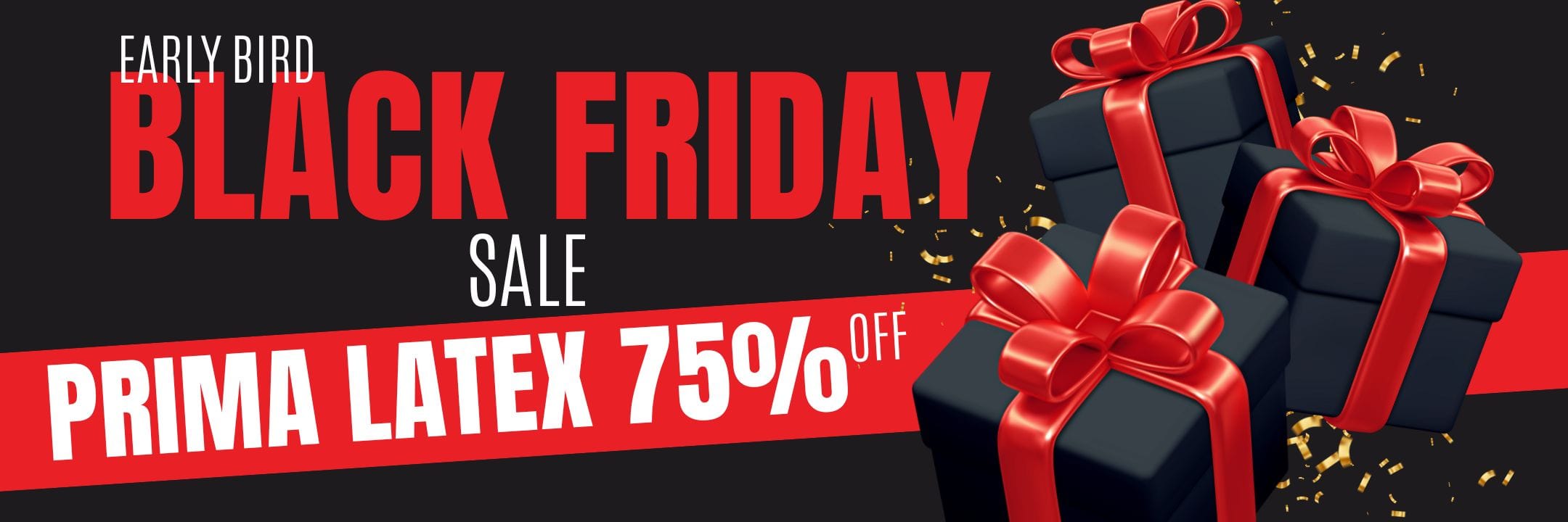 Black Friday sale banner with black boxes and red ribbons on a dark background