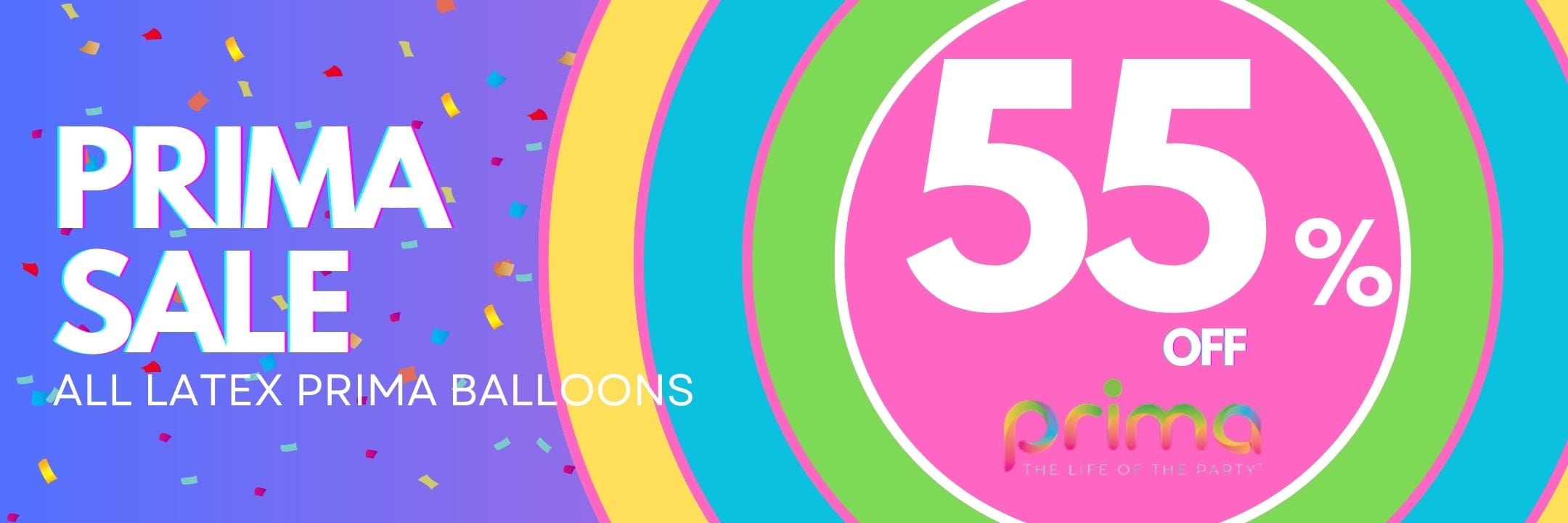 Promotional banner for Prima balloons sale with colorful design and text.