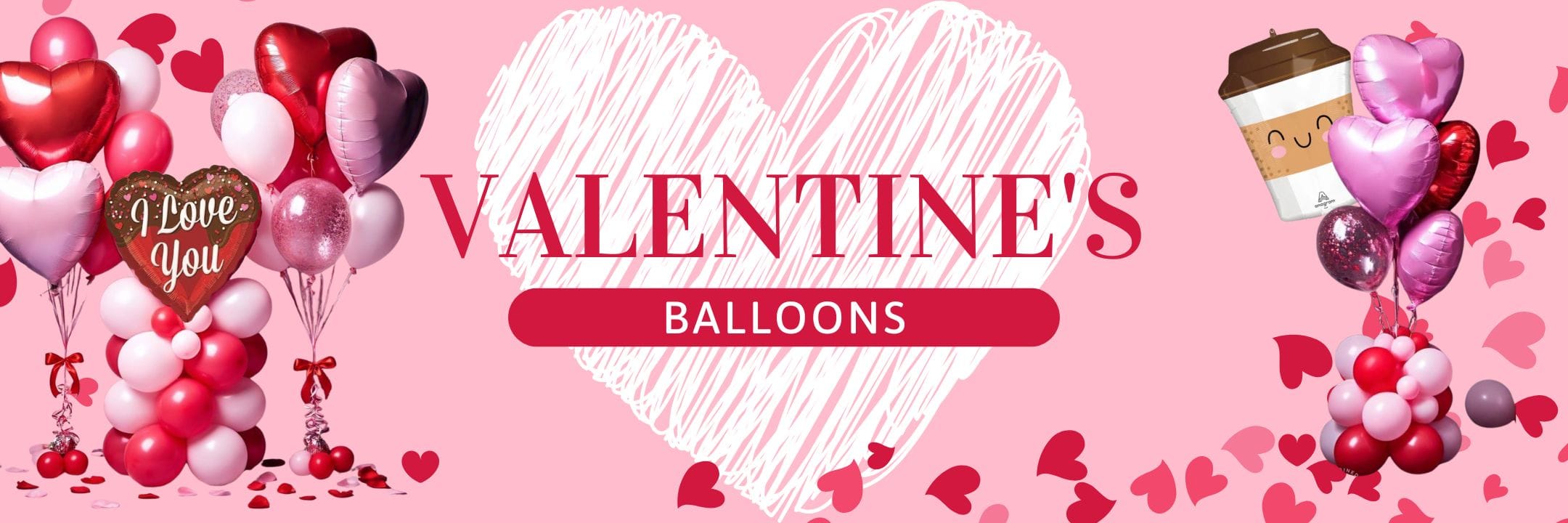 Valentine's Day balloon banner with heart designs and 'I Love You' balloons on a pink background.