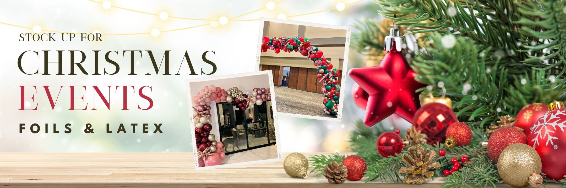 Promotional banner for Christmas events with decorative elements and text.