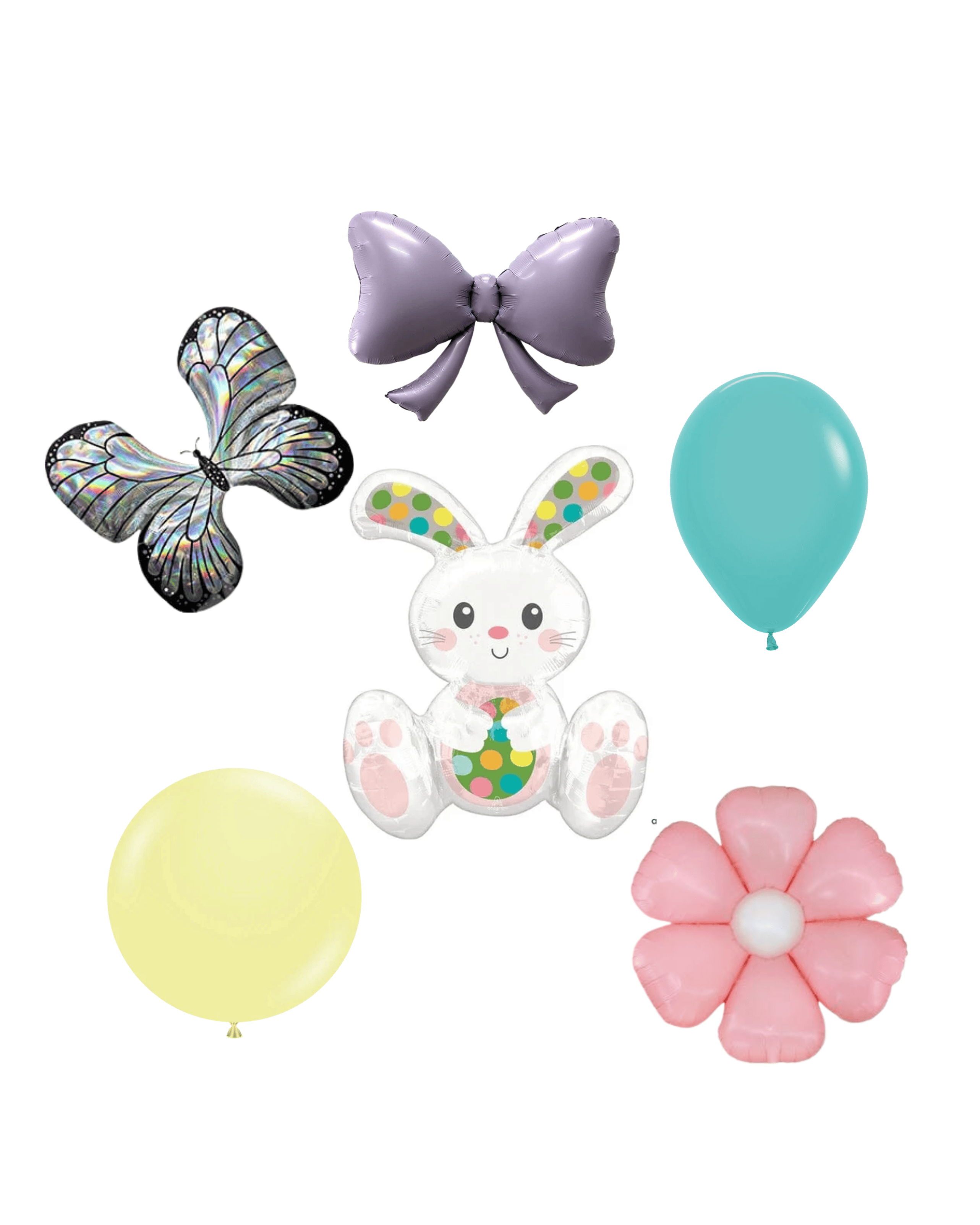 Set of colorful balloons including a butterfly, bow, rabbit, and flower on a white background