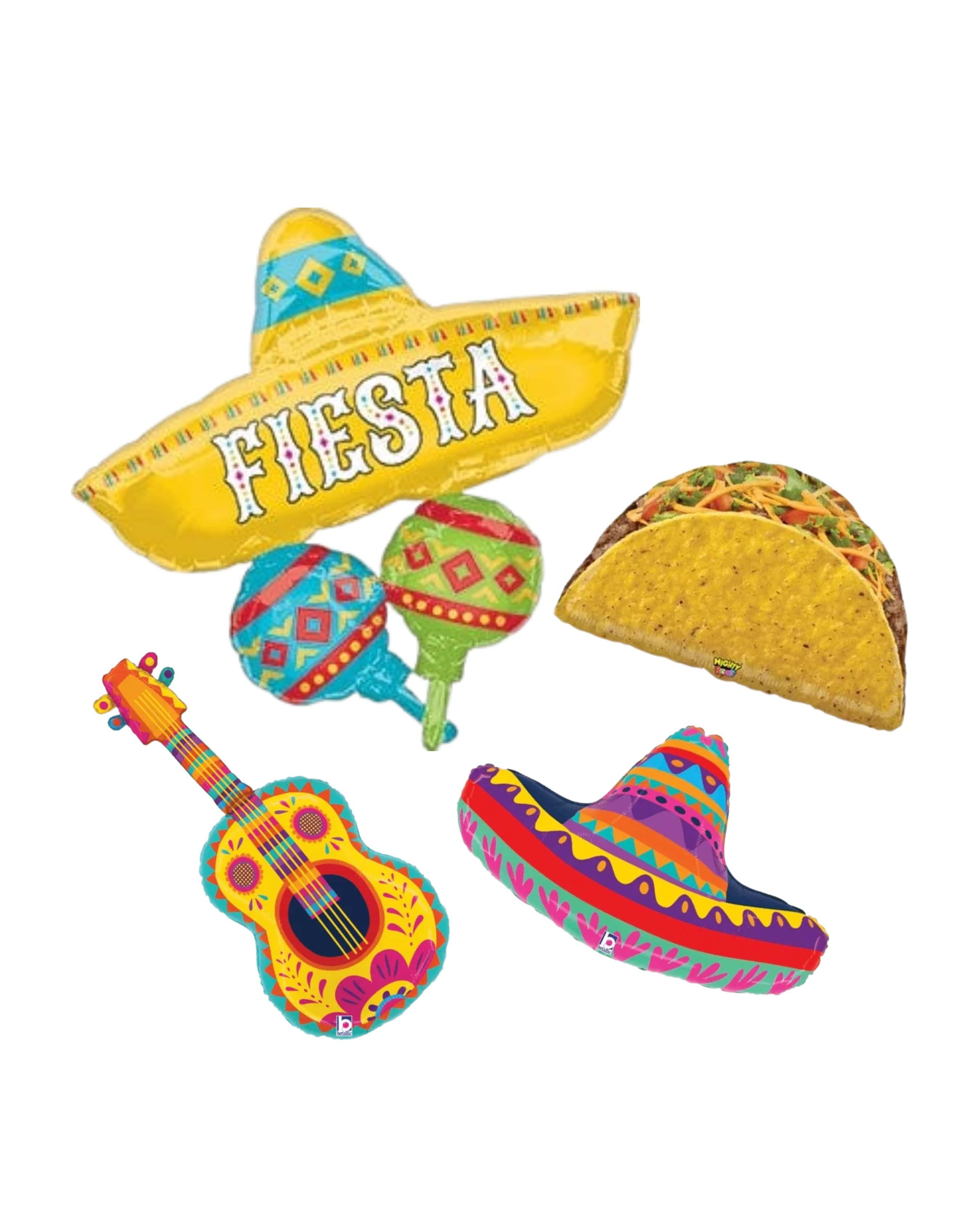 Colorful inflatable decorations shaped like a sombrero, guitar, and taco on a white background