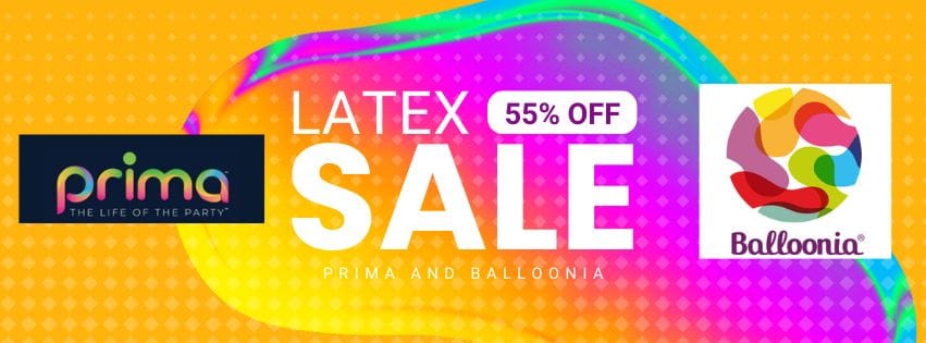 Colorful latex balloon sale banner with Prima and Balloonia logos on a vibrant rainbow and orange gradient background. Text reads: Latex Sale 55% Off – Prima and Balloonia.