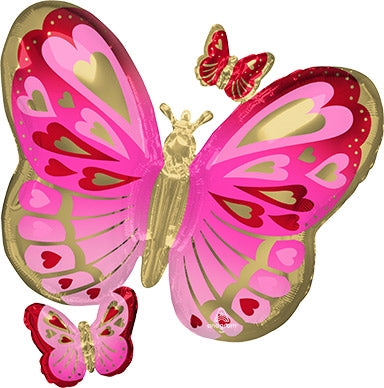 29 inch Red, Pink, and Gold Butterfly Super Shape Foil Balloon