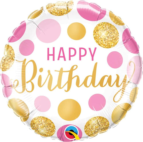 18" Happy Birthday Pink and Gold Dots Foil Balloon